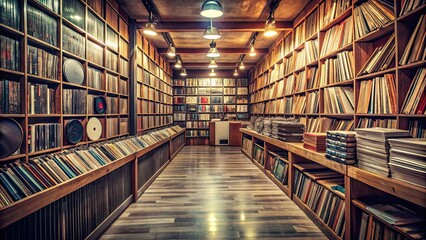 Fototapeta premium Vintage 80's record store with shelves of vinyl records, retro, music, records, vinyl, store, shop, nostalgia