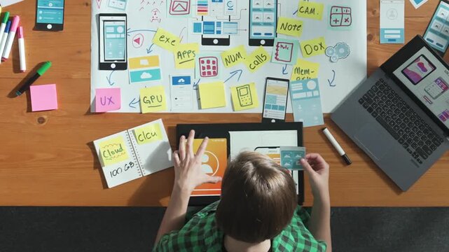 Top view of smart developer working on tablet and writing Ux Ui design for mobile phone interface at note. Manager design software program and sharing idea by using mind map. Time lapse. Convocation.