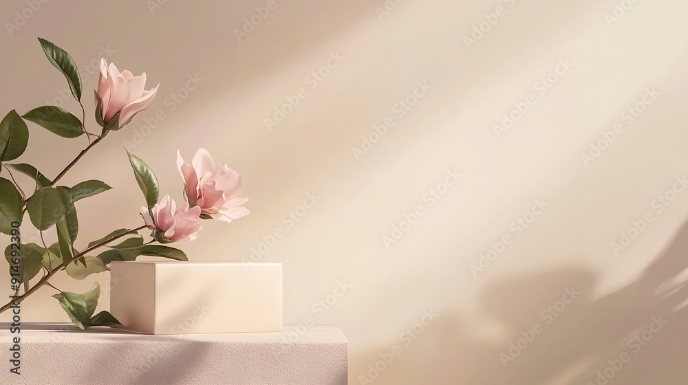 Aufkleber Abstract minimal nature scene  empty stage and square podium on beige background and soft shadows of rose flowers and leaves Pedestal for cosmetic product and packaging mockups display : Generative AI