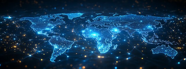 Blue abstract digital map of world map with lines and dots connected. Suitable for travel, navigation, cartography, geography, cyber technology concepts, data transfer and business information network