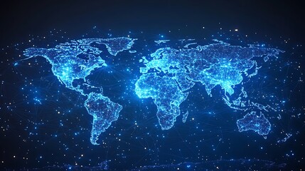 Blue abstract digital map of world map with lines and dots connected. Suitable for travel, navigation, cartography, geography, cyber technology concepts, data transfer and business information network