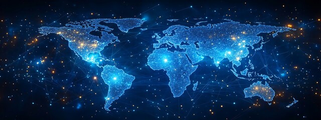 Fototapeta premium Blue abstract digital map of world map with lines and dots connected. Suitable for travel, navigation, cartography, geography, cyber technology concepts, data transfer and business information network