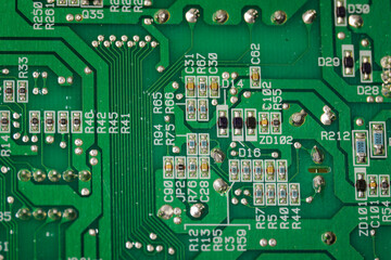 Small resistive components on a printed circuit board.