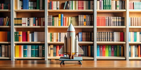 Spacecraft ready for takeoff displayed on shelf beside books, spacecraft, takeoff, shelf, books