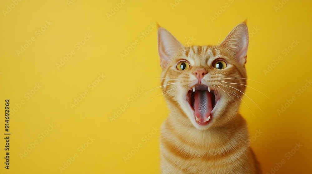 Poster funny ginger cat face isolated on yellow mewing and having widely opened a mouth red pet portrait ho