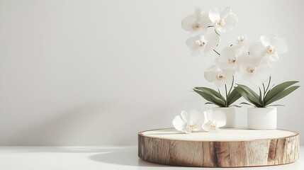 Minimal modern product display on white background Wood slice podium and white orchid  flowers Concept scene stage showcase for new product promotion sale banner presentation cosmetic : Generative AI