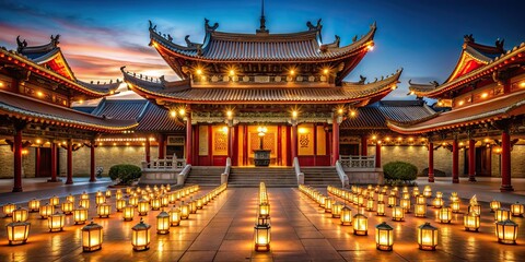 Buddhist temple illuminated at night with lanterns and incense , spirituality, religion, architecture, night