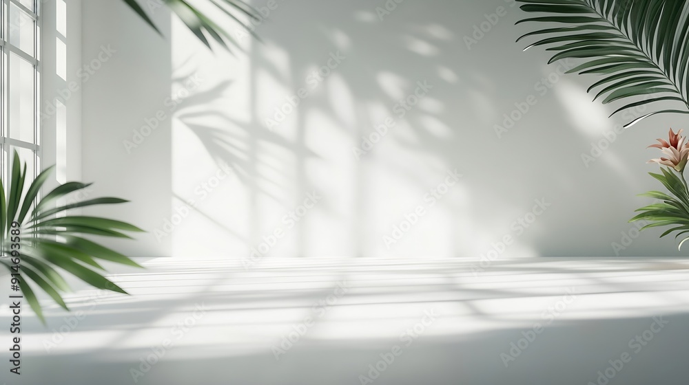 Aufkleber Abstract white studio background for product presentation Empty room with shadows of window and flowers and palm leaves  3d room with copy space Summer concert Blurred backdrop : Generative AI