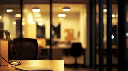 At night beautiful Abstract blurred office interior room blurry working space with defocused effect : Generative AI