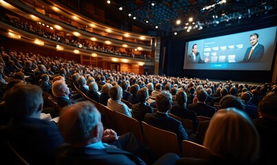Large Conference Hall with Business Representatives Engaged in Discussions and Presentations, Featuring a Huge Screen Displaying Latest Technology Products
