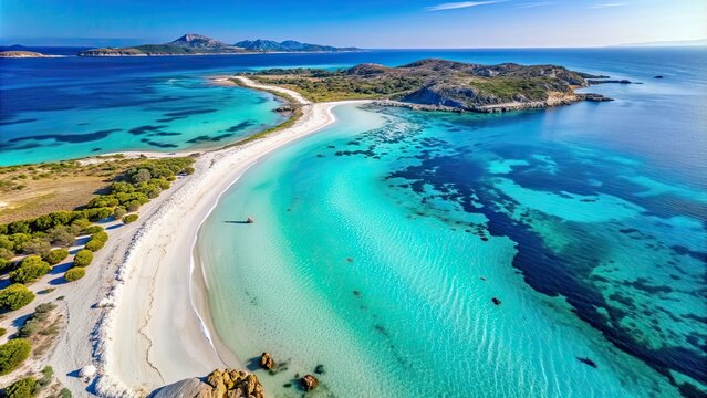 Aerial view of Spaggia La Pelosa beach with crystal clear turquoise water and white sand, Sardinia, Stintino, Italy