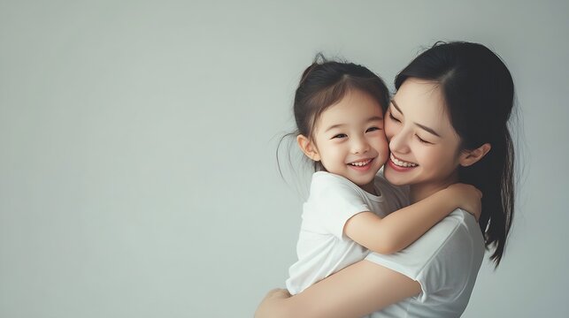cheerful asian toddler daughter hugging happy mother isolated on gray : Generative AI
