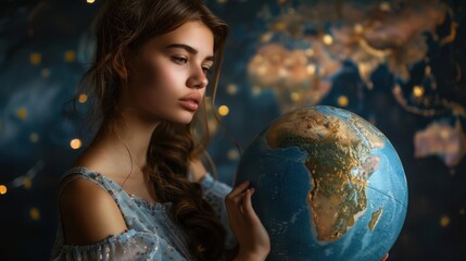 Naklejka premium A young woman contemplates the globe, illuminated by soft lights, with a world map behind her