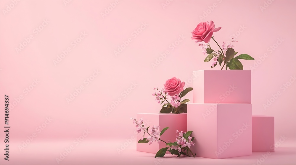 Aufkleber Pink background for product presentation with square podiums of geometric shapes and blooming rose Empty podiums Mockup : Generative AI