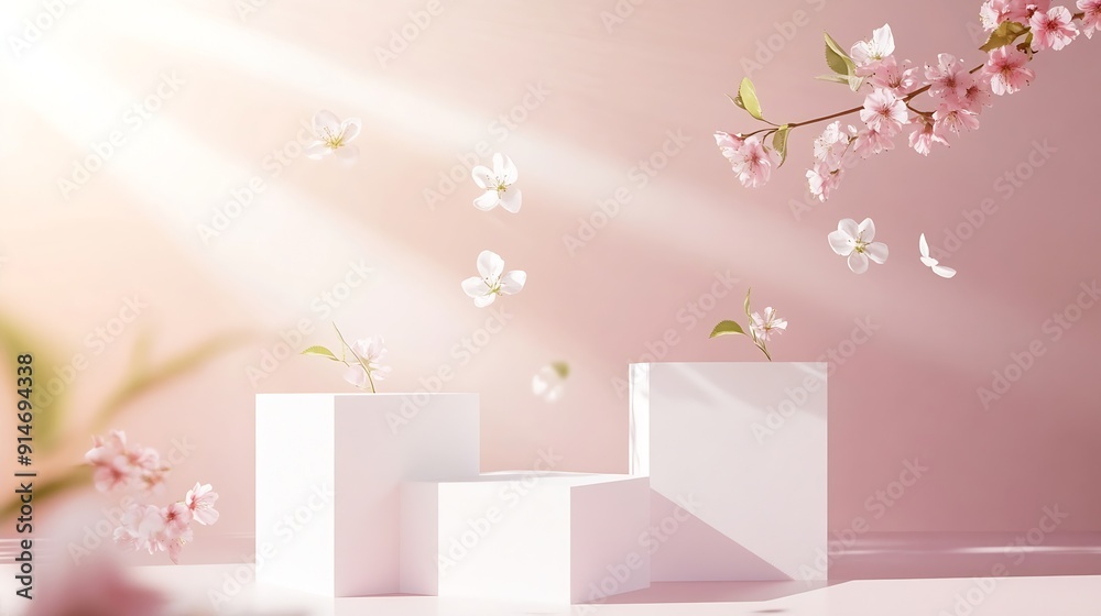 Aufkleber bright spring mock up for cosmetic and product display with three white square podiums stream of ten