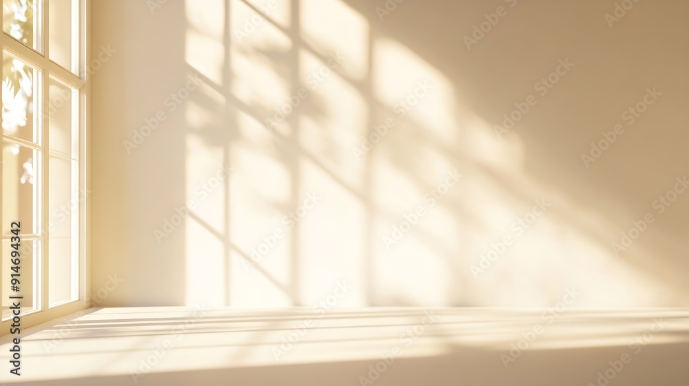 Poster beige studio background for product presentation shadow of window and sunlight on empty room white w