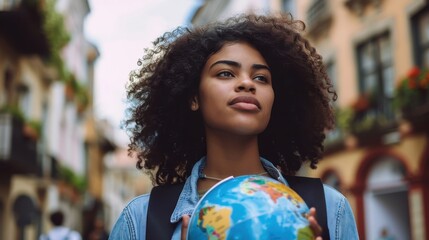 Naklejka premium A woman with curly hair gazes thoughtfully while holding a globe on a bustling city street