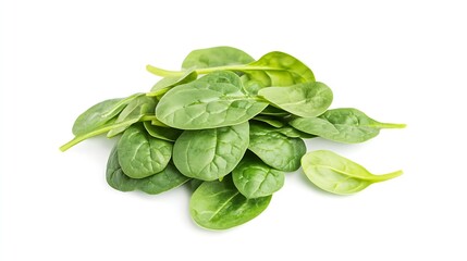 Pile of fresh green baby spinach leaves isolated on white background Espinach Close up Flat lay Food concept : Generative AI