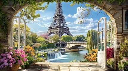 Beautiful view of the Eiffel Tower with access to the garden with old houses flowers and waterfalls Digital collage mural and mural Wallpaper Poster design Modular panel : Generative AI