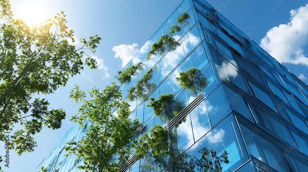 Poster sustainable glass office building with trees for reducing carbon dioxide ecofriendly building in mod