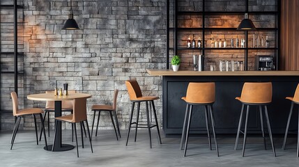 Seating area with bar tables and bar chairs in a modern cafe industrial style with stone wall wood and black steel : Generative AI