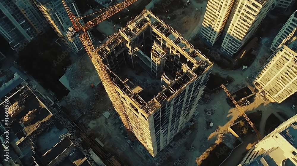 Aufkleber Aerial Drone Shot of Building Construction Finished with VFX City Real Estate Development Site Transforms with Analytical 3D Graphics Project Visualization Digitalization of Urban Desi : Generative AI