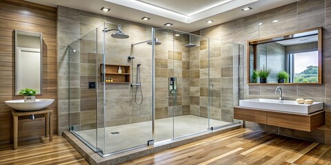 Modern bathroom with glass shower enclosure and rain shower head, bathroom, shower, modern, glass, enclosure, rain shower head