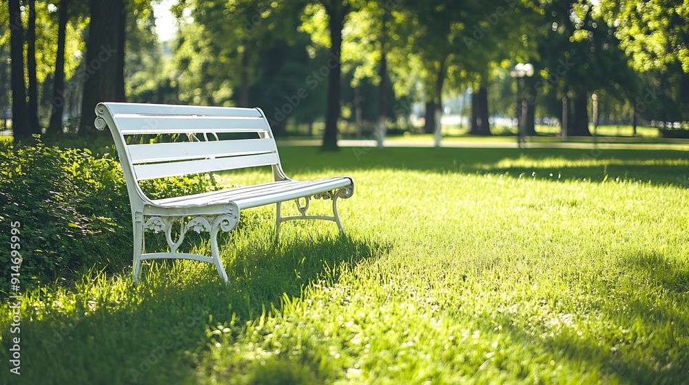 Poster White bench in the park on the background of a green lawn front view : Generative AI
