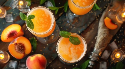 Peach Cocktails with Mint Garnish and Rimmed Glasses