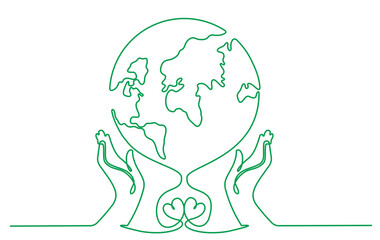continuous line drawing of human hand holding world planet earth
