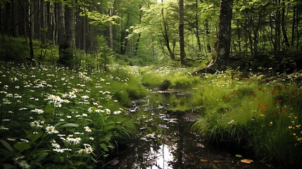 Obraz premium Tranquil Stream Through a Lush Forest