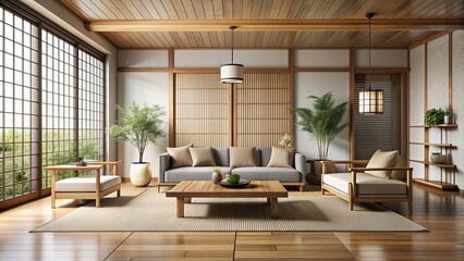 Asian Minimalism living room with low furniture, clean lines, natural materials, and a serene atmosphere , Japanese aesthetics