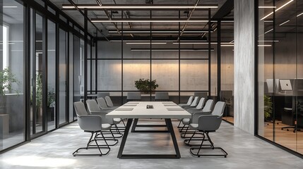 Modern coworking office in madrid spain featuring a spacious meeting room with a large table gray chairs exposed concrete beams and a transparent glass partition : Generative AI