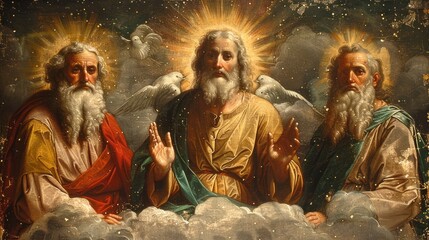 Fototapeta premium Sacred representation: icon depicting holy trinity, featuring god the father, god the son, and god the holy spirit, illustrating divine unity and mystery of christian theology in artistic form.