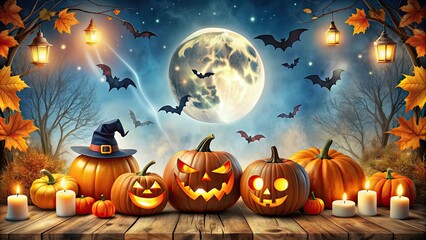 Happy Halloween celebration card with spooky pumpkins, bats, ghosts, and witches, Halloween, celebration, card, spooky, pumpkins