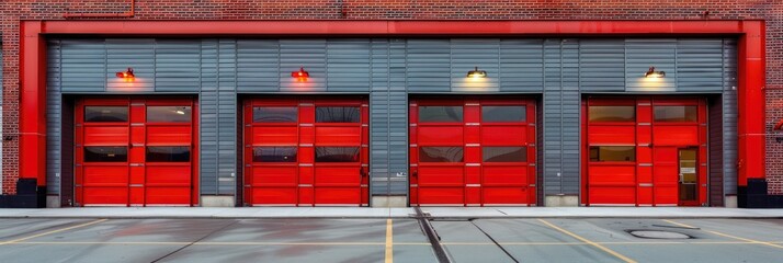 Facade of a Fire Station with Red Doors and Gates Service