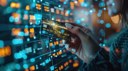 Obraz premium A digital credit card interacting with an online banking interface, connected to a global network