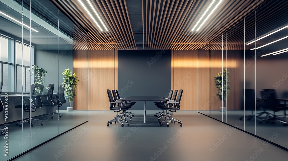 Aufkleber a modern office space featuring sleek design with horizontal lines on the ceiling glass partitions a