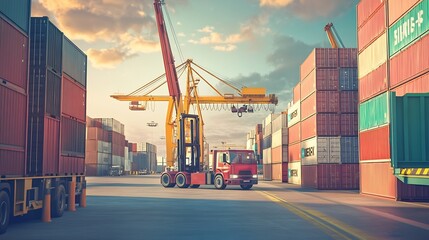 Container industrial yard shipping Export Logistic Crane Forklift Port Blue Sky Background Space Road Import Business Freight Logistic Transport Industry Service Airplane Container Shi : Generative AI