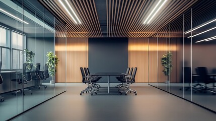 A modern office space featuring sleek design with horizontal lines on the ceiling glass partitions and a welllit conference area with dark chairs : Generative AI