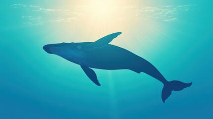 Obraz premium A majestic whale swimming gracefully in the serene depths of the ocean, illuminated by sunlight filtering through the water.
