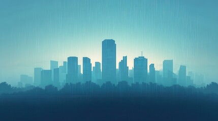 Fototapeta premium A misty skyline at dusk, showcasing silhouettes of urban buildings against a blue gradient sky, creating a serene cityscape.