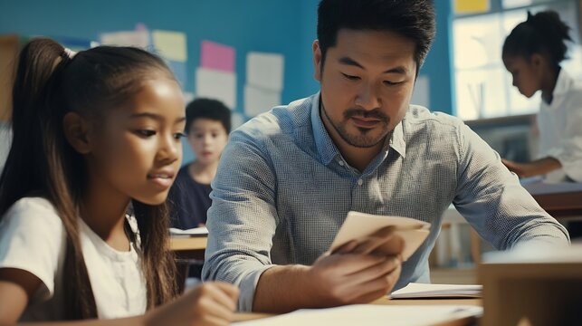 In school asian male teacher is helping biracial female student in the classroom with copy space : Generative AI