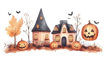 Charming watercolor of a cozy cheerful haunted house icon in shades of orange purple and green  The spooky yet playful design features a carved pumpkin bats