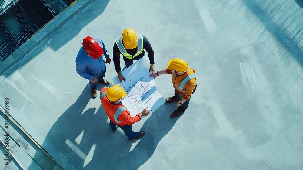 Fototapete Top down aerial view of architect engineer team shake hands and discussing about building construction Group of diverse people working together to plan and design by using blueprint Al : Generative AI