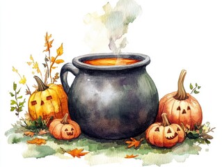 Whimsical Watercolor Halloween Icon   Cute Cauldron with Magical Potion  Isolated on White Background Spooky and Enchanting Design Element for Holiday Decor Greeting Cards or Invitation