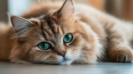 Portrait of a siberian cat with green eyes lying on the floor at home Fluffy purebred straighteared long hair kitty Copy space close up background Adorable domestic pet concept : Generative AI