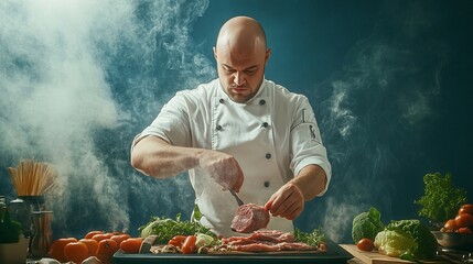 Bald man restaurant chef making delicious dinner cooking meat with vegetables Contemporary art collage Concept of profession occupation work creativity job fair hobby ad : Generative AI