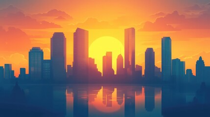 Fototapeta premium A stunning city skyline silhouette at sunset, reflecting vibrant colors on the water, creating a serene and picturesque scene.