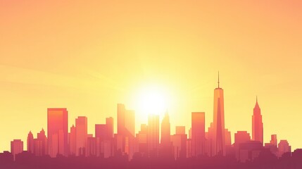 Fototapeta premium A stunning sunset view of a city skyline, bathed in warm orange and yellow hues, creating a serene atmospheric sensation.